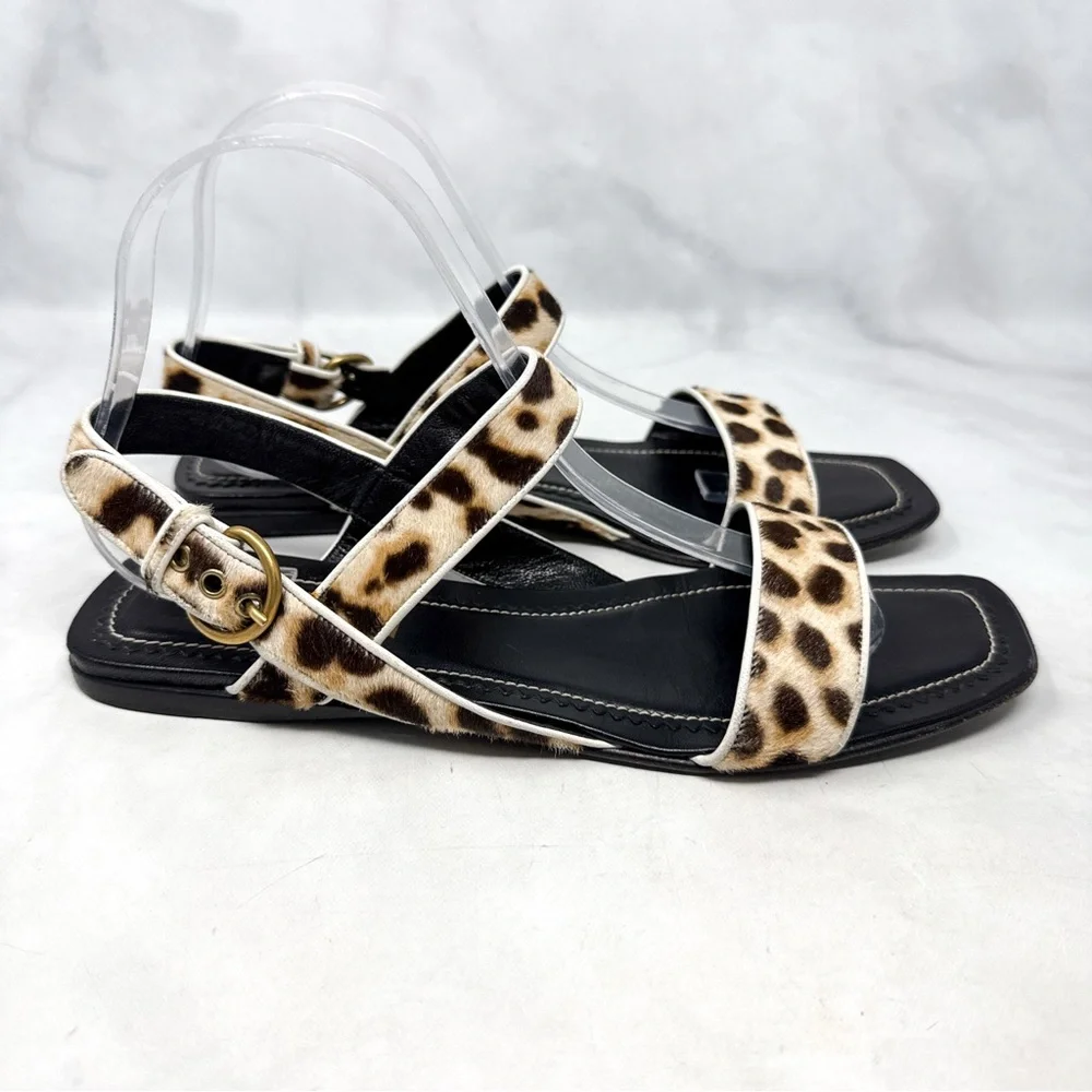 YSL Yves Saint Laurent Vintage Y2K Leopard Calf Hair Leather Flat Sandals Black
